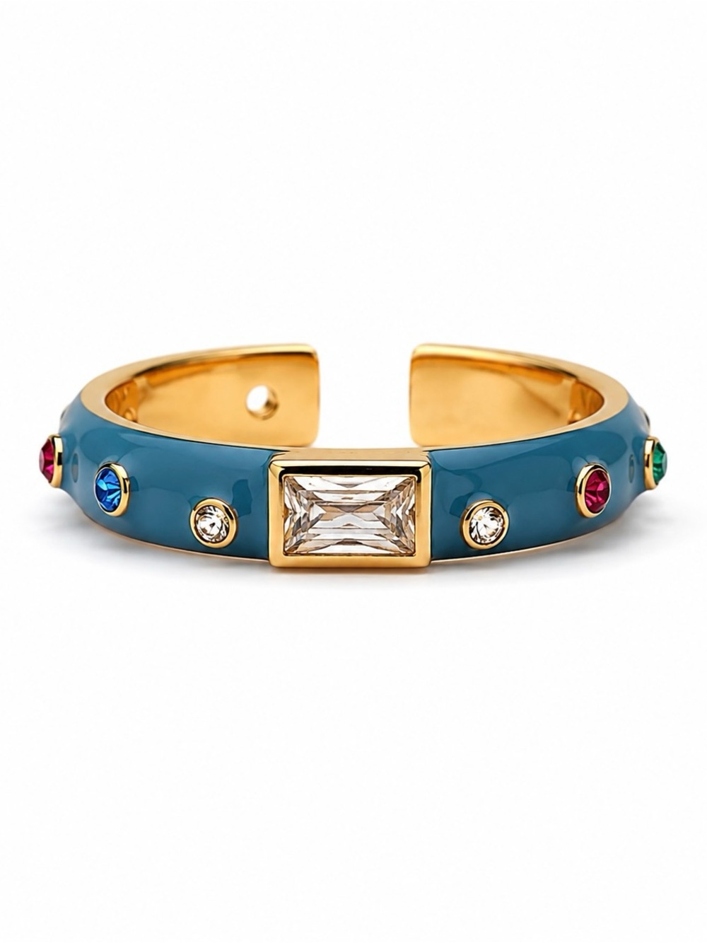 14K Gold Plated Light Blue Enamel Open Ring Baguette Adjustable Minimalist Chic